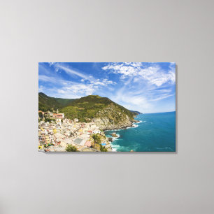 Italië, Cinque Terre, Vernazza, Stadsgezicht op ee Canvas Afdruk