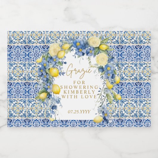 Italië Citroenblauw Tegels Grazie Vrijgezellenfees Likeurfles Etiket (Enkel label)