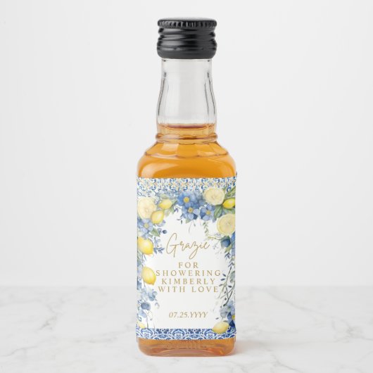 Italië Citroenblauw Tegels Grazie Vrijgezellenfees Likeurfles Etiket (Voorkant)