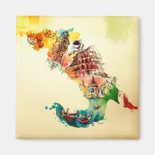 Italië Kaart City Travel Love Waterverf Magneet