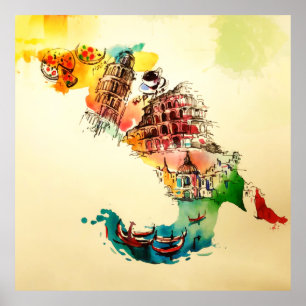 Italië Kaart City Travel Love Waterverf Poster