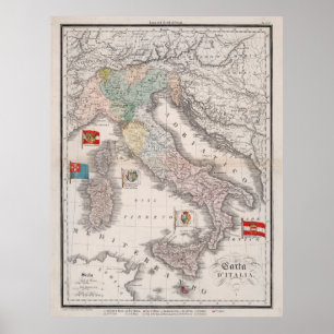  Italië Kaart met vlaggen (1842) Poster