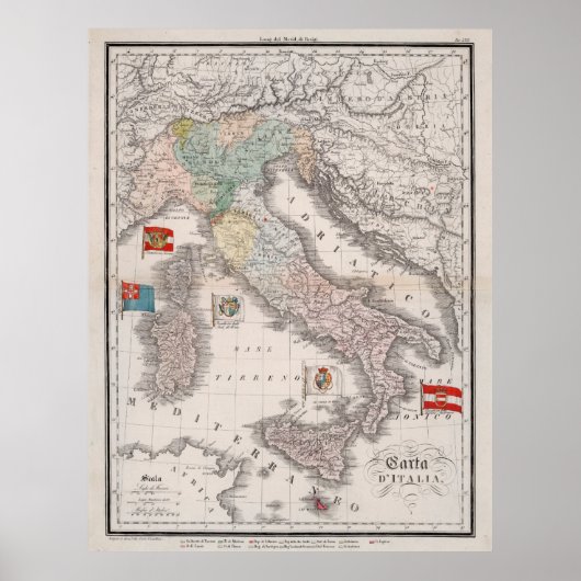  Italië Kaart met vlaggen (1842) Poster (Voorkant)
