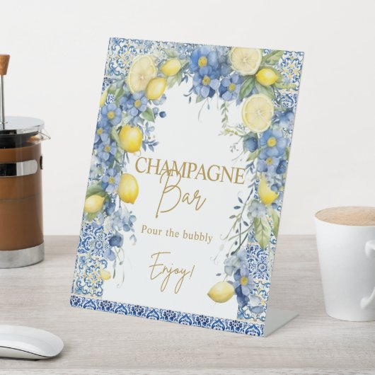 Italië Lemon Blue Tegels Bubbly Champagne Bar Sign Reclamebord Met Voetstuk (Insitu)