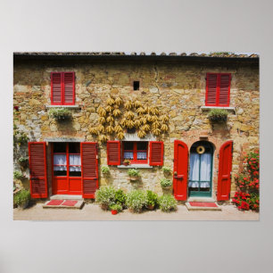 Italië, Lucignano, Red Shutters en Harvest Poster