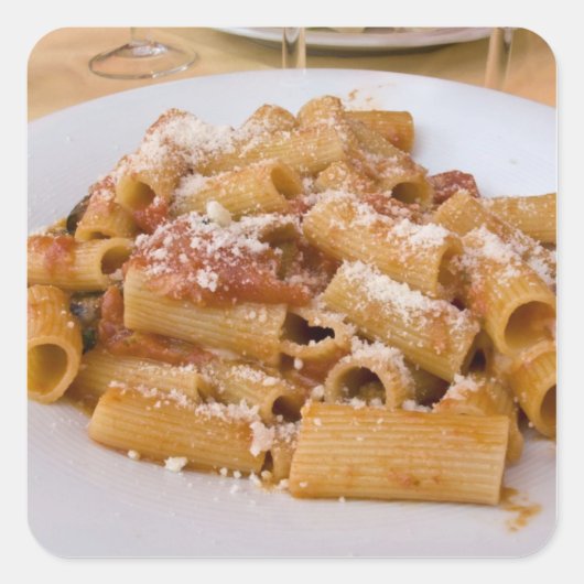 Italië, Positano. Displayplaat van rigatoni. Vierkante Sticker (Voorkant)