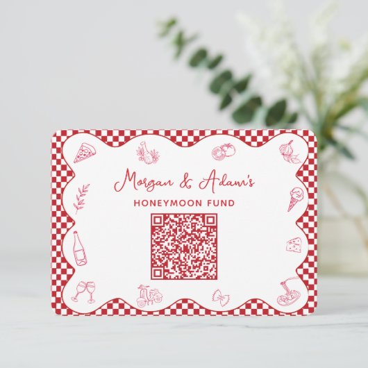 Italië Red Checkered Honeymoon Fund QR Code Kaarte Informatiekaartje (Staand voorkant)