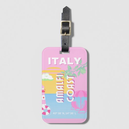 Italië Reiskunst, Amalfi Coast, Preppy, Roze Bagagelabel (Voorkant (verticaal))