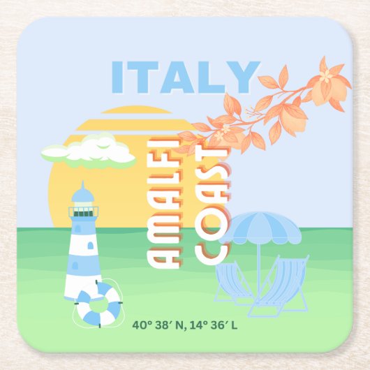 Italië Reiskunst, Amalfikust, Preppy, Blauw Kartonnen Onderzetters (Voorkant)