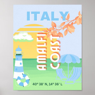 Italië Reiskunst, Amalfikust, Preppy, Blauw Poster