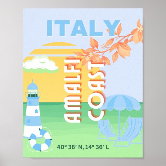 Italië Reiskunst, Amalfikust, Preppy, Blauw Poster (Voorkant)