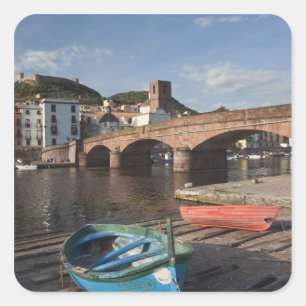 Italië, Sardinië, Bosa. Town uitzicht langs Temo Vierkante Sticker