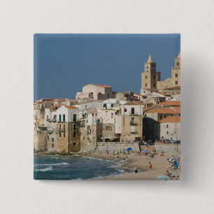 Italië, Sicilië, Cefalu, Stadsgezicht met Duomo va Vierkante Button 5,1 Cm