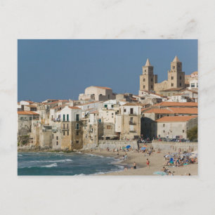 Italië, Sicilië, Cefalu, Uitzicht met Duomo uit Briefkaart