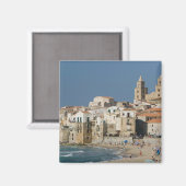 Italië, Sicilië, Cefalu, Uitzicht met Duomo uit Magneet (Voorkant / Achterkant)