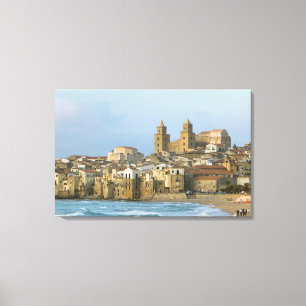 Italië, Sicilië, Cefalu, Uitzicht met Duomo van 2 Canvas Afdruk