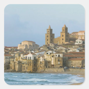 Italië, Sicilië, Cefalu, Uitzicht met Duomo vanaf  Vierkante Sticker