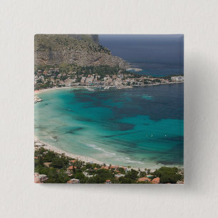 Italië, Sicilië, Mondello, Uitzicht op het strand Vierkante Button 5,1 Cm