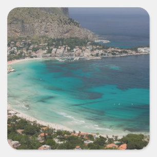 Italië, Sicilië, Mondello, Uitzicht van het strand Vierkante Sticker