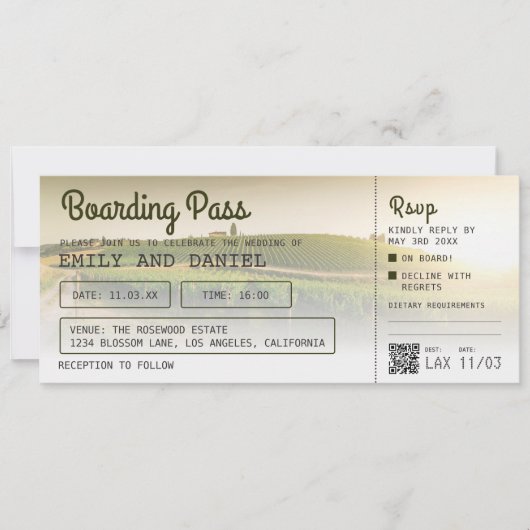 Italië Toscaanse bestemming Boarding Pass Bruiloft Kaart (Voorkant)