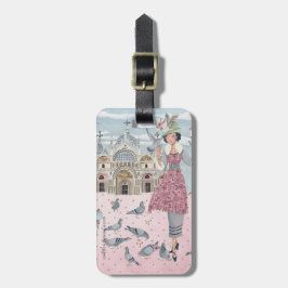 Italië Venetië reisroze grijze duiven die een meis Bagagelabel