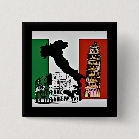 Italië - Vlag, Silhouette, Tower en Colosseum Vierkante Button 5,1 Cm (Voorkant)