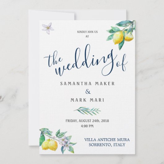 Italië Weddenschap, Lemon en Olijfthema Kaart (Voorkant)
