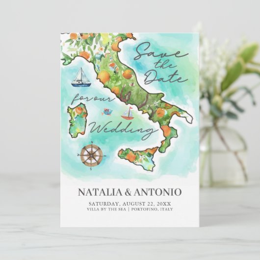 Italië Zee | Waterverf kaart bruiloft (Staand voorkant)