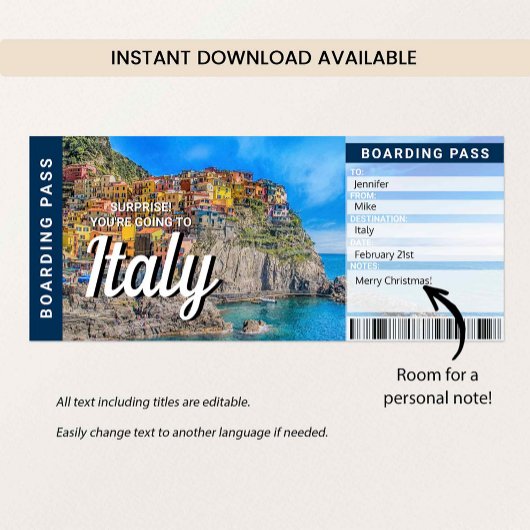 Italy Trip Surprise Boarding Pass Card Kaart