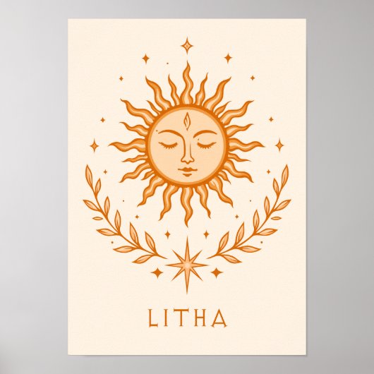 itha Celestial Sun Face Botanical Wreath Art Poster (Voorkant)