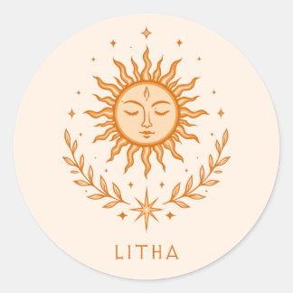 itha Celestial Sun Face Botanical Wreath Art Ronde Sticker