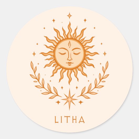 itha Celestial Sun Face Botanical Wreath Art Ronde Sticker (Voorkant)