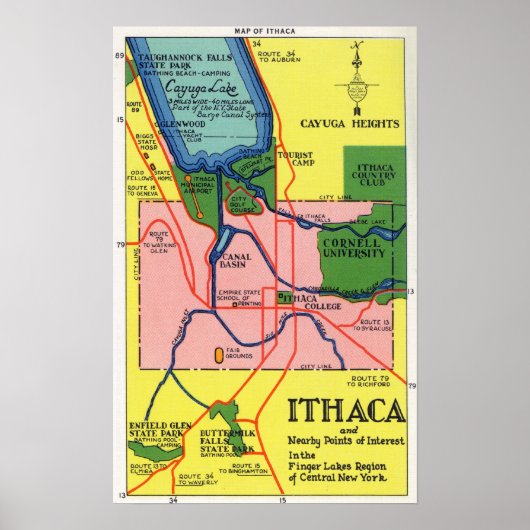 Ithaca en de nabijgelegen punten van belang poster (Voorkant)