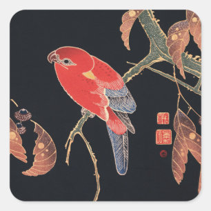 Ito Jakuchu Red Parrot op de tak Japanse kunst Vierkante Sticker