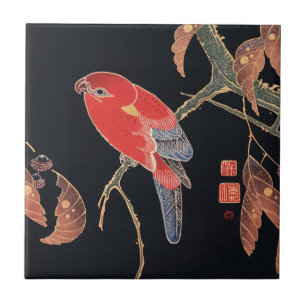 Ito Jakuchu Rode Papegaai op de Tak Japanse Kunst Tegeltje