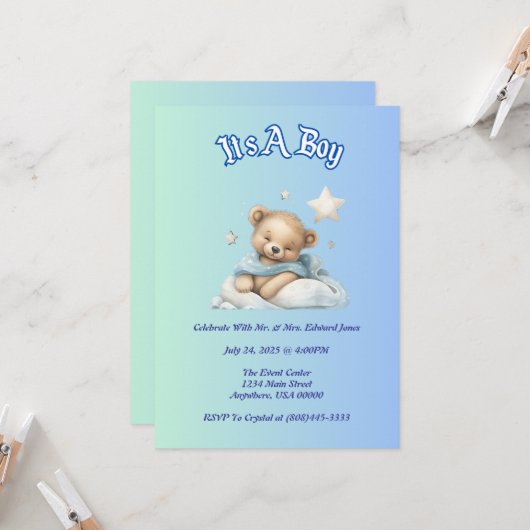 "It's a Boy" Baby shower Party Decor - Teddy Bear  Kaart (Voorkant / Achterkant in situ)