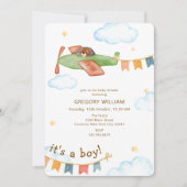 It's A Boy Bear Airplane Baby Shower Kaart (Voorkant)