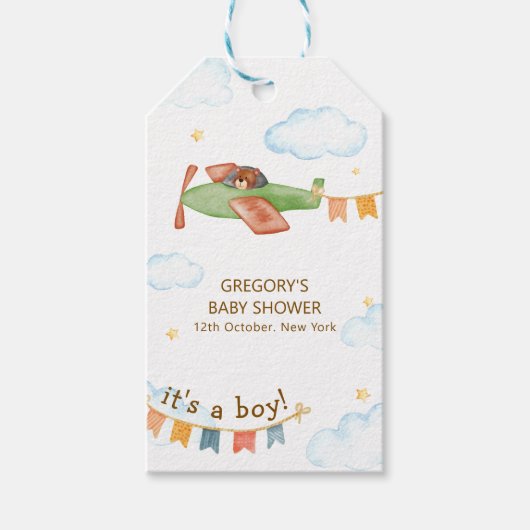 It's A Boy Bear Airplane Sky Baby Shower  Cadeaulabel (Voorkant)