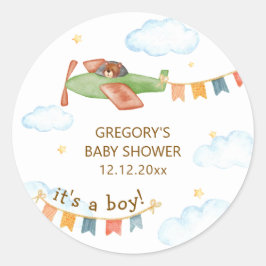 It's A Boy Bear Airplane Sky Baby Shower  Ronde Sticker