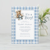 It's a Boy Blue Airplane Baby Shower Invitation Kaart (Staand voorkant)