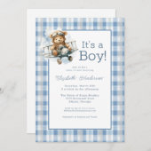 It's a Boy Blue Airplane Baby Shower Invitation Kaart (Voorkant / Achterkant)