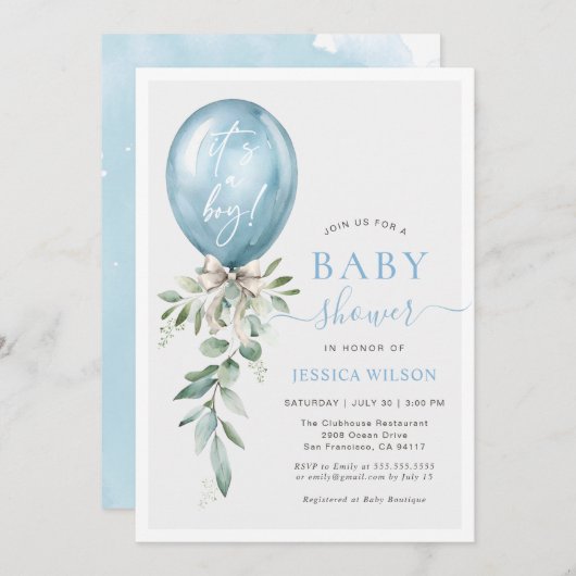 It's A Boy Blue Balloon Bow Greenery Baby Shower Kaart (Voorkant / Achterkant)