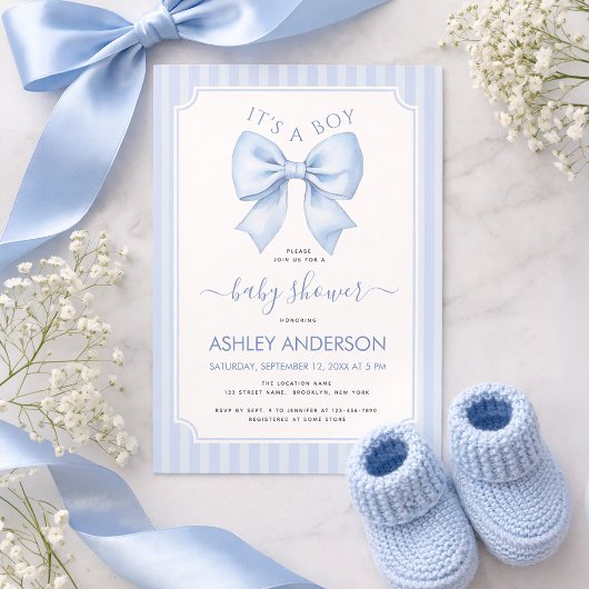 It's a Boy Blue Bow and Stripes Baby Shower Kaart