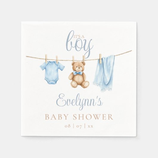 Its A Boy Blue Clothesline Baby Shower Servet (Voorkant)