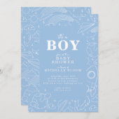 "It's a BOY" Blue Pattern Baby shower Uitnodiging (Voorkant / Achterkant)