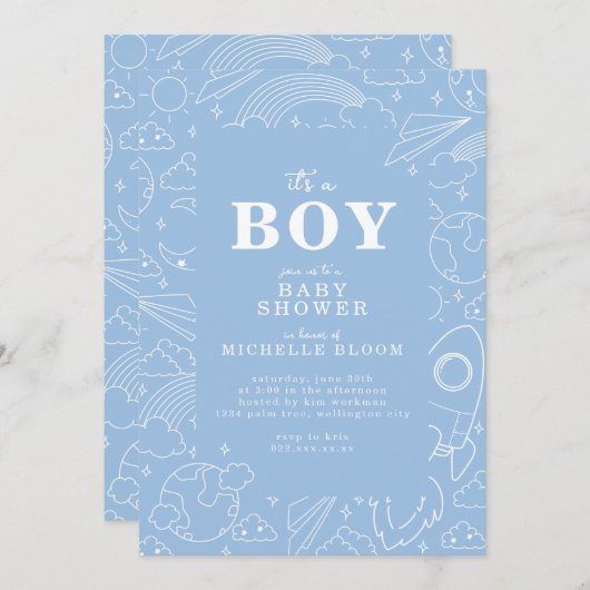 "It's a BOY" Blue Pattern Baby shower Uitnodiging (Voorkant / Achterkant)