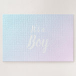 It's a Boy blue pink gradient ombre gender reveal Legpuzzel<br><div class="desc">It's a Boy light blue and light pink gradient ombre color pattern modern cute baby shower gender reveal jigsaw puzzle. guessing game, boy or girl? Half side is light pink, half side is light blue, colors blend at the center area where there is a script text that reveals the gender...</div>