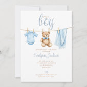 Its A Boy Cute Blue Clothesline Baby Shower Kaart (Voorkant)