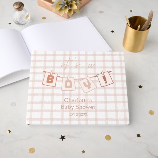 It's a Boy! Cute Brown Gingham Baby Shower Gastenboek (Voorkant open)