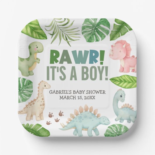 It's a Boy Dinosaur Baby Shower Papieren Bordje (Voorkant)